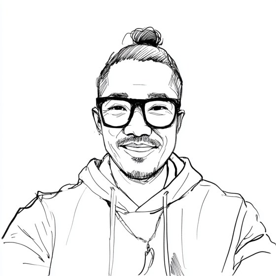 Ink sketch of Nghia — glasses, man bun, easy smile